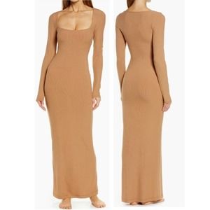 SKIMS Women's Camel Shimmer Long Sleeve Maxi Dress Large NWT